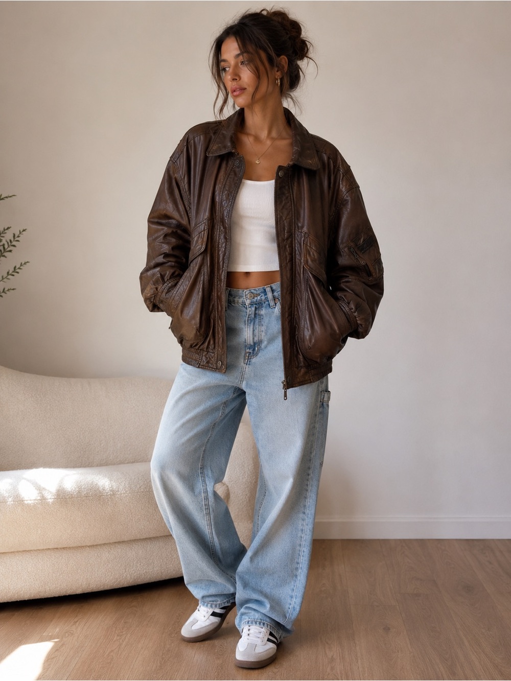 Vintage Raleighs Brown Leather Bomber Jacket Large Oversized Distressed Aviator